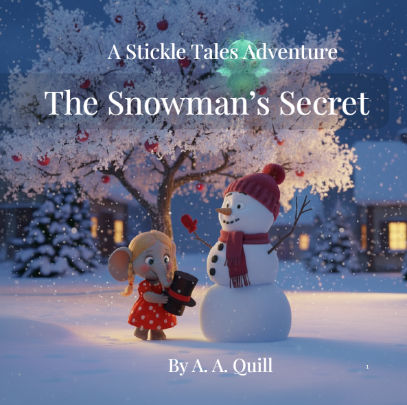 The Snowman’s Secret ebook cover featuring Fanny, a snowman, and Stickle on a magical winter night.