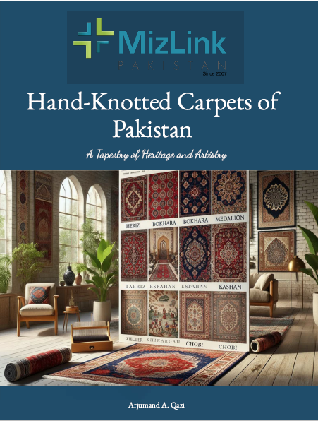 Book cover of 'Hand-Knotted Carpets of Pakistan' by MizLink Pakistan, featuring images of carpets and a showroom setting.