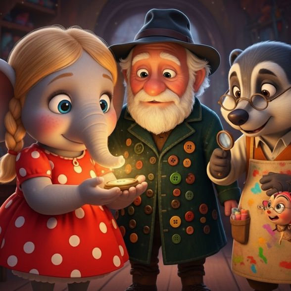 Fanny brings the glowing button to Tailor Pindle's workshop.